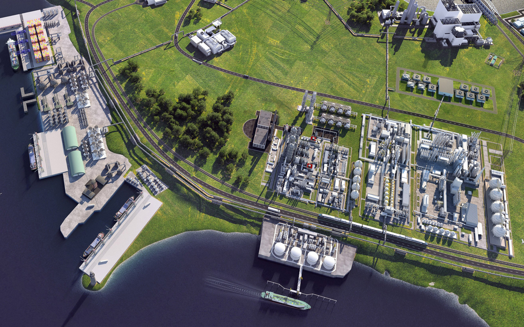 Integrated energy site visualization — harbor, generation, storage and grid infrastructure as one planning scope (Atlas brochure key visual)