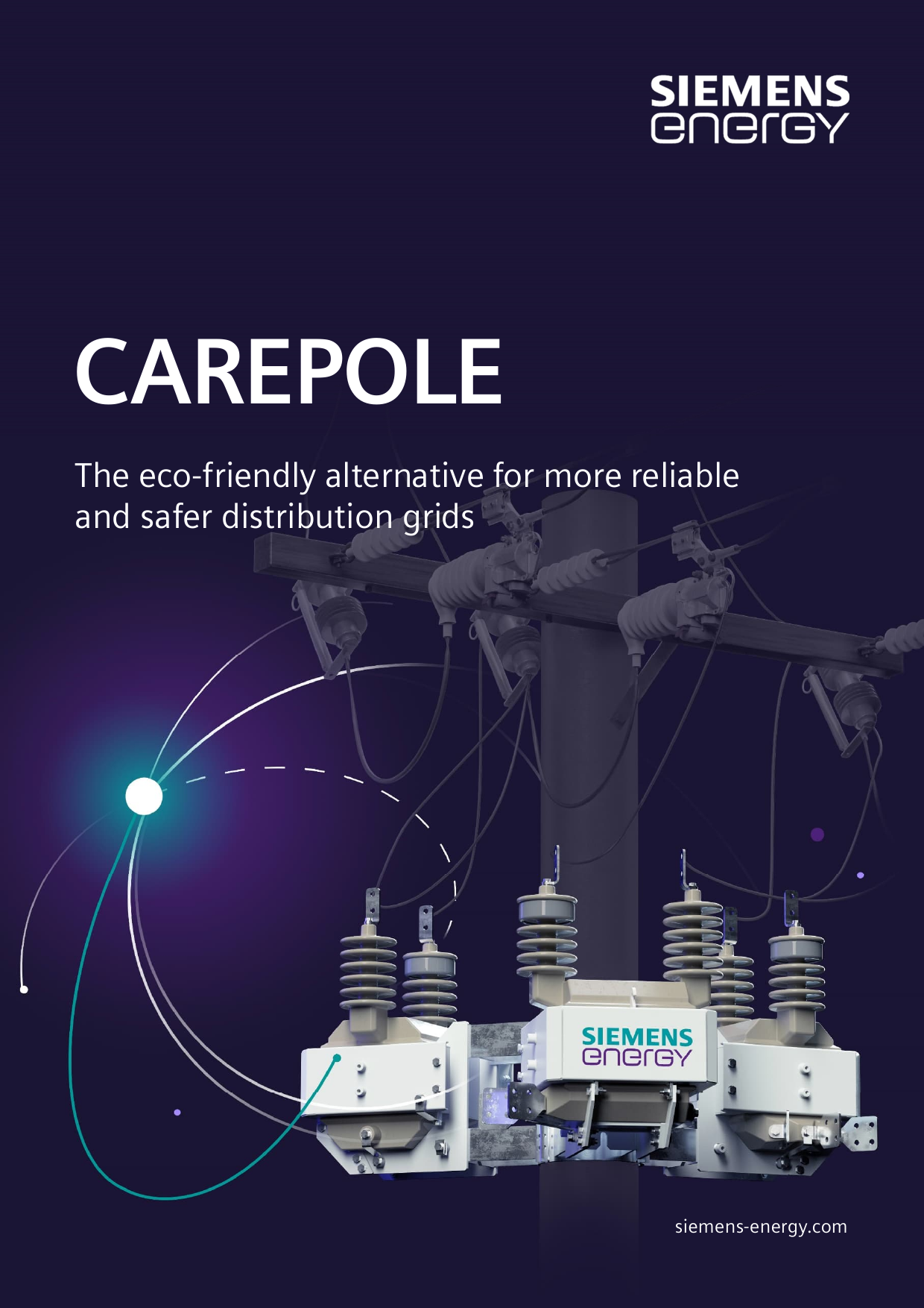 Brochure cover key visual: pole-mounted CAREPOLE units below a crossarm (brochure page 1)
