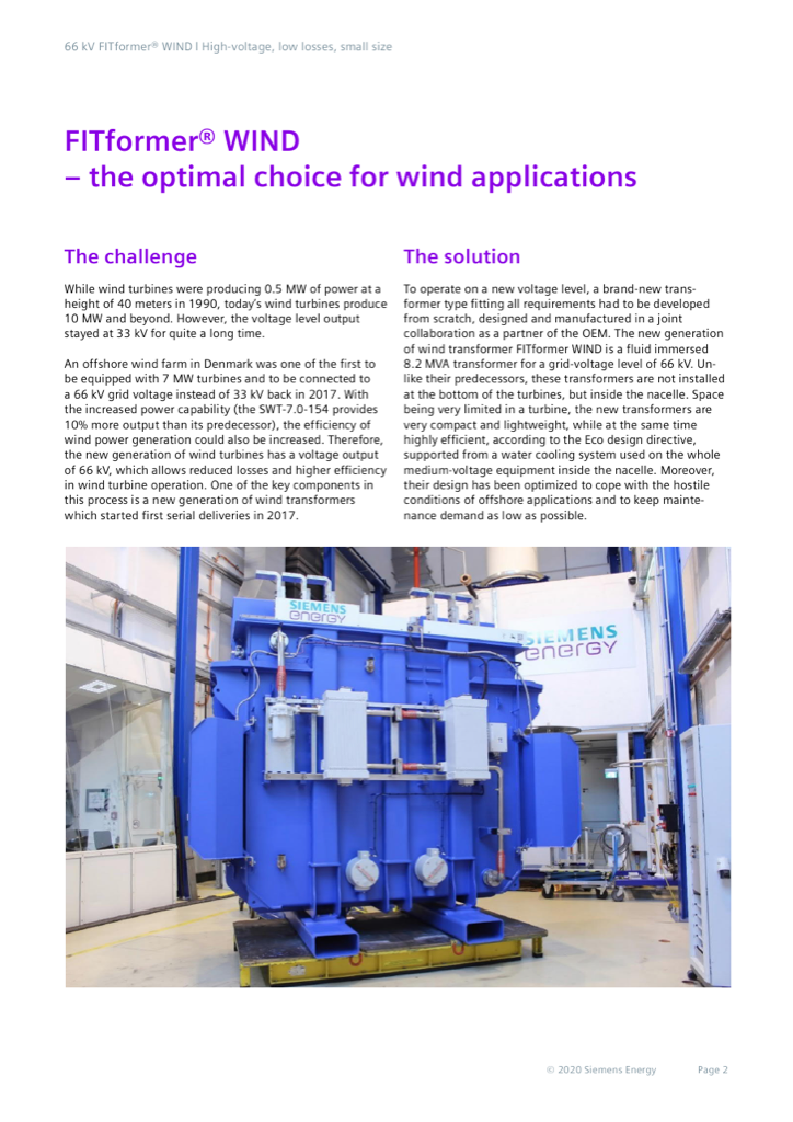 66 kV FITformer WIND, 8.2 MVA nacelle-mounted offshore unit in the factory test bay (flyer page 2)