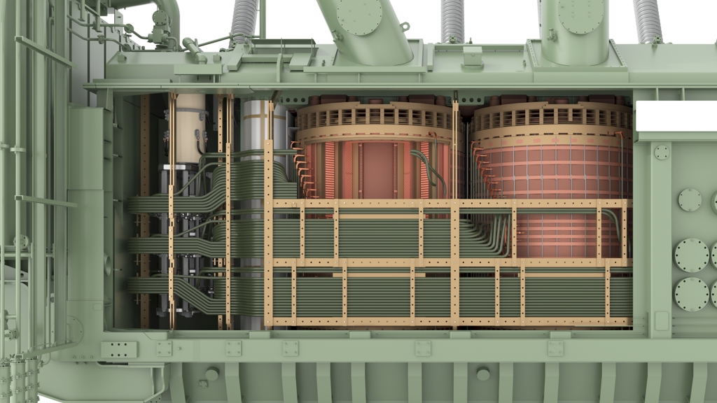 Cutaway rendering, front view — disc windings, core clamping frame and tap-changer leads