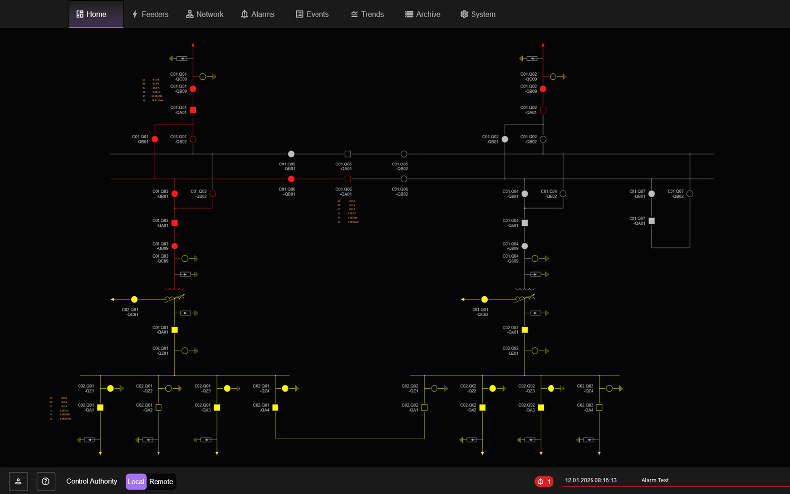 Substation SCADA HMI single-line display — feeder states, measurements and alarm banner (SCADA HMI brochure screenshot)